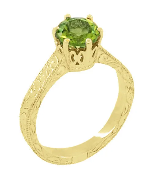 Art Deco Crown Filigree Scrolls 1.25 Carat Peridot Engagement Ring in 18 Karat Yellow Gold