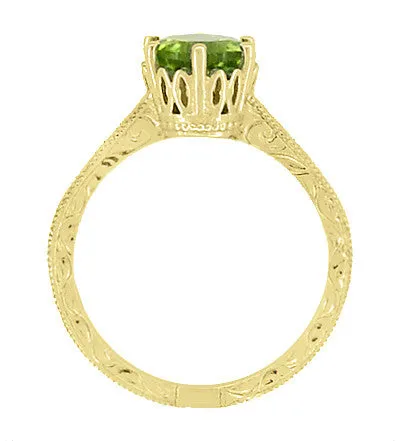 Art Deco Crown Filigree Scrolls 1.25 Carat Peridot Engagement Ring in 18 Karat Yellow Gold
