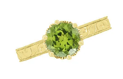 Art Deco Crown Filigree Scrolls 1.25 Carat Peridot Engagement Ring in 18 Karat Yellow Gold