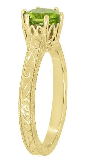 Art Deco Crown Filigree Scrolls 1.25 Carat Peridot Engagement Ring in 18 Karat Yellow Gold