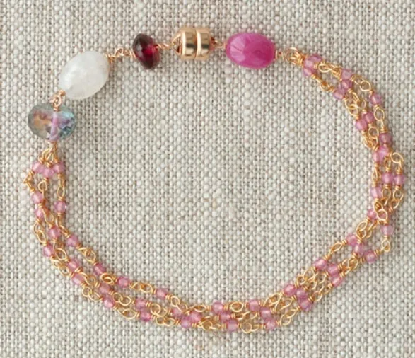 AVF Gold Pink Topaz, Ruby, Moonstone, Garnet & Quartz Triple Strand Bracelet