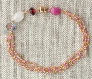 AVF Gold Pink Topaz, Ruby, Moonstone, Garnet & Quartz Triple Strand Bracelet