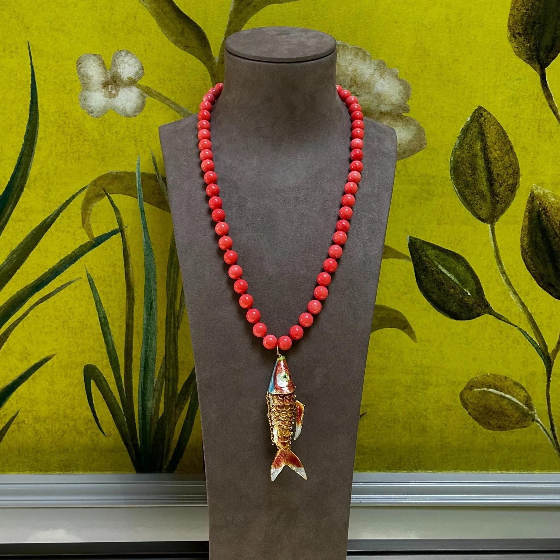 Bamboo Coral Rose Cloisonne Enamel Koi Necklace