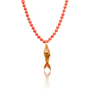 Bamboo Coral Rose Cloisonne Enamel Koi Necklace