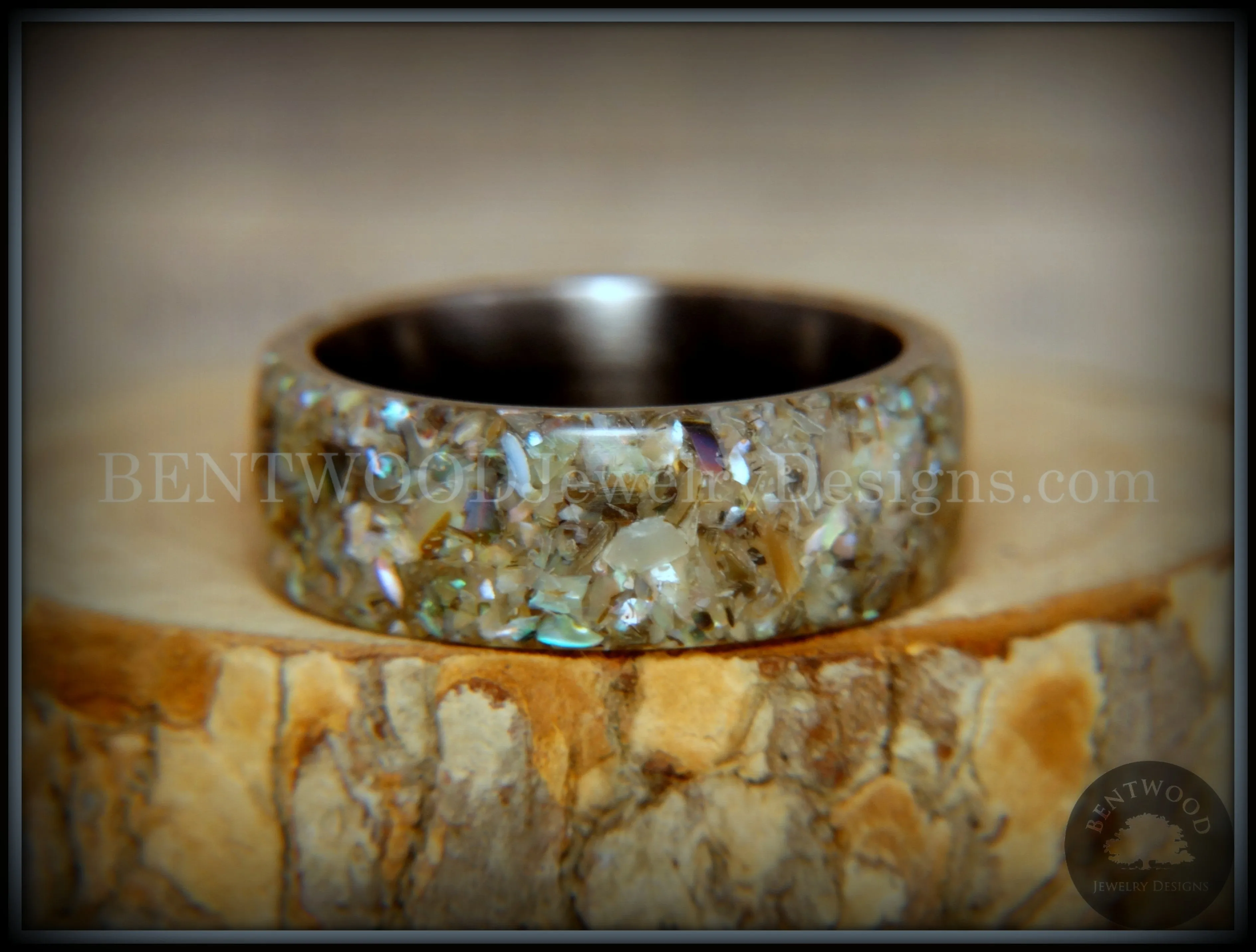 Bentwood Ring - "Abalone" Paua Abolone Shell on Surgical Grade "Onyx Black" Stainless Steel Comfort Fit Core