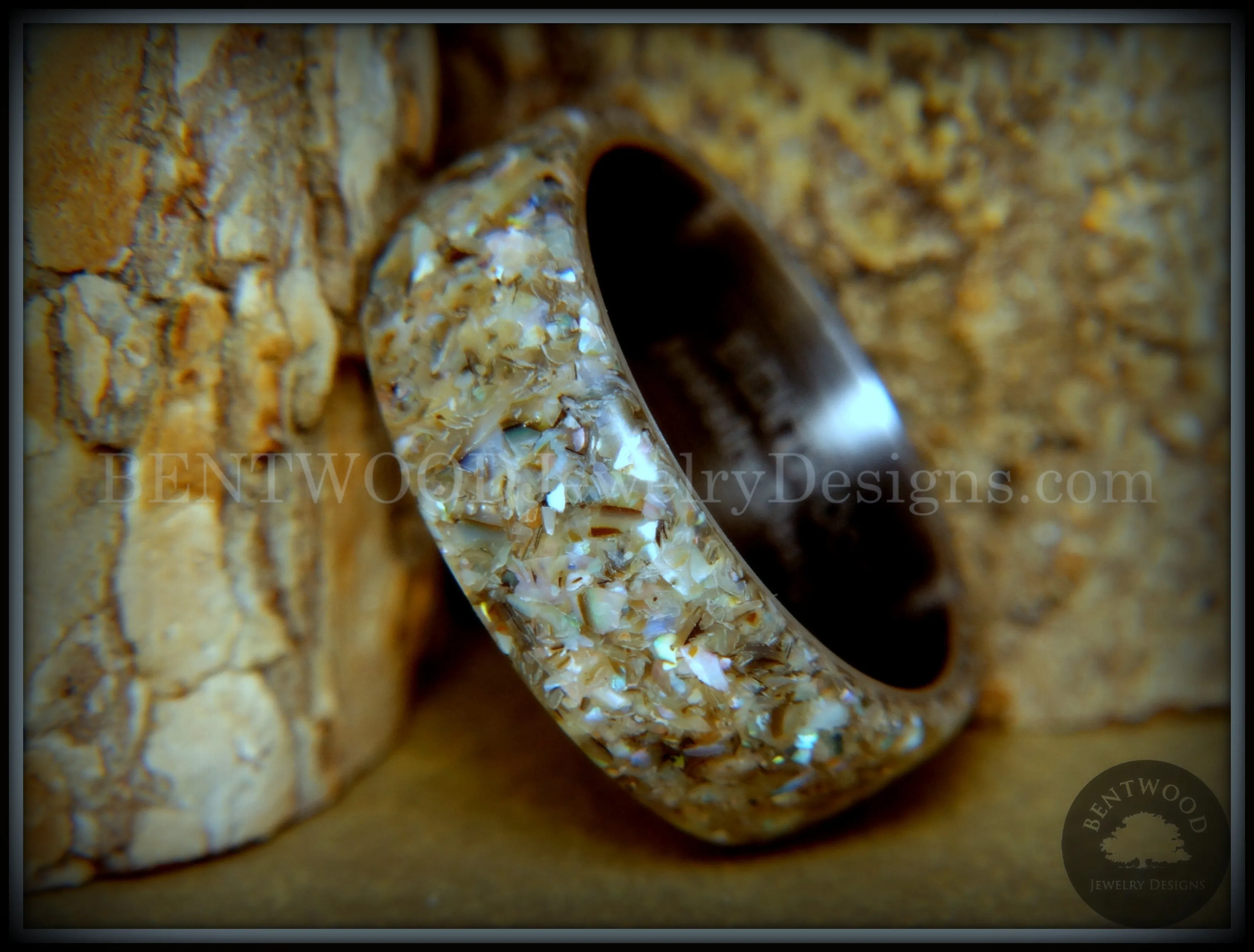 Bentwood Ring - "Abalone" Paua Abolone Shell on Surgical Grade "Onyx Black" Stainless Steel Comfort Fit Core