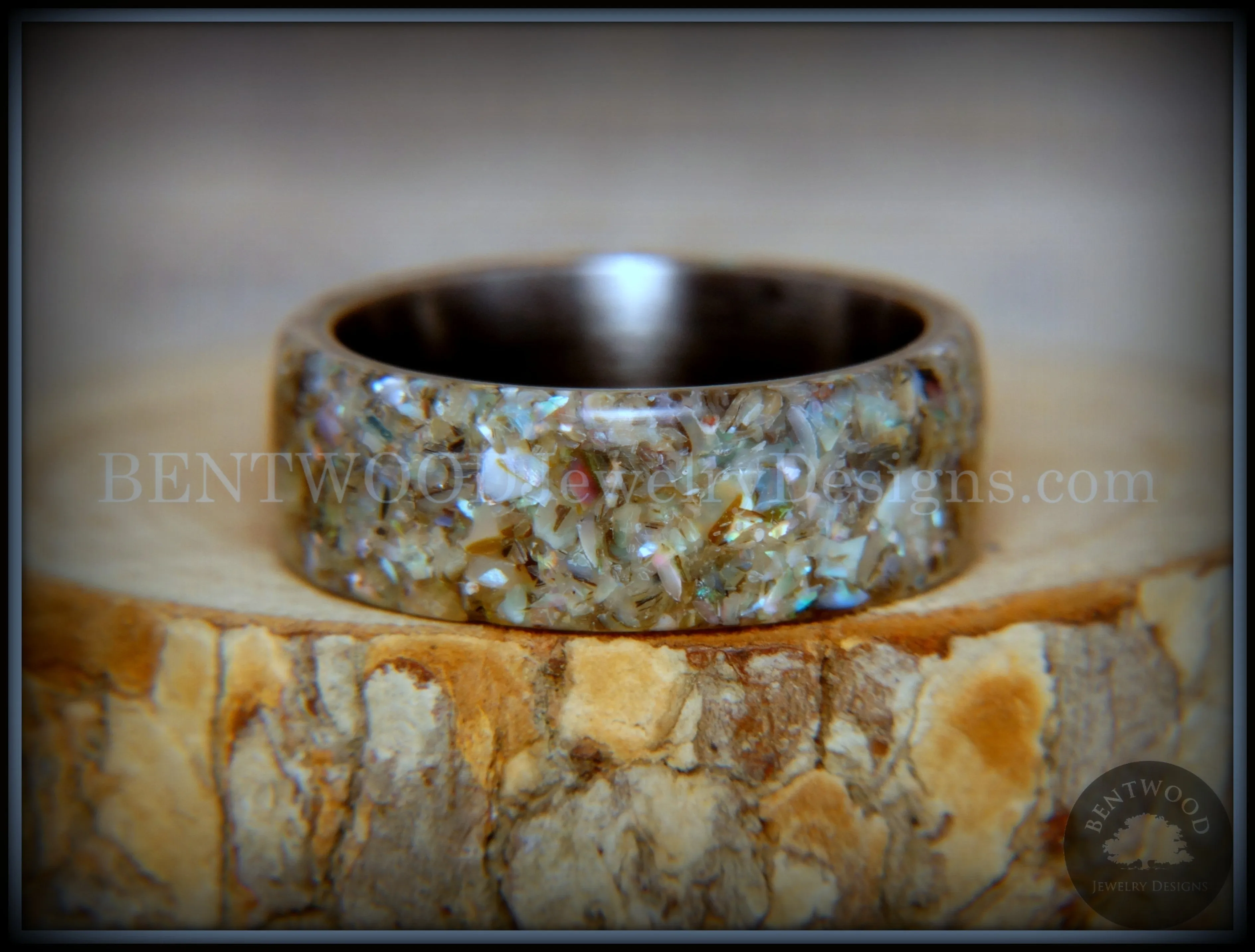 Bentwood Ring - "Abalone" Paua Abolone Shell on Surgical Grade "Onyx Black" Stainless Steel Comfort Fit Core