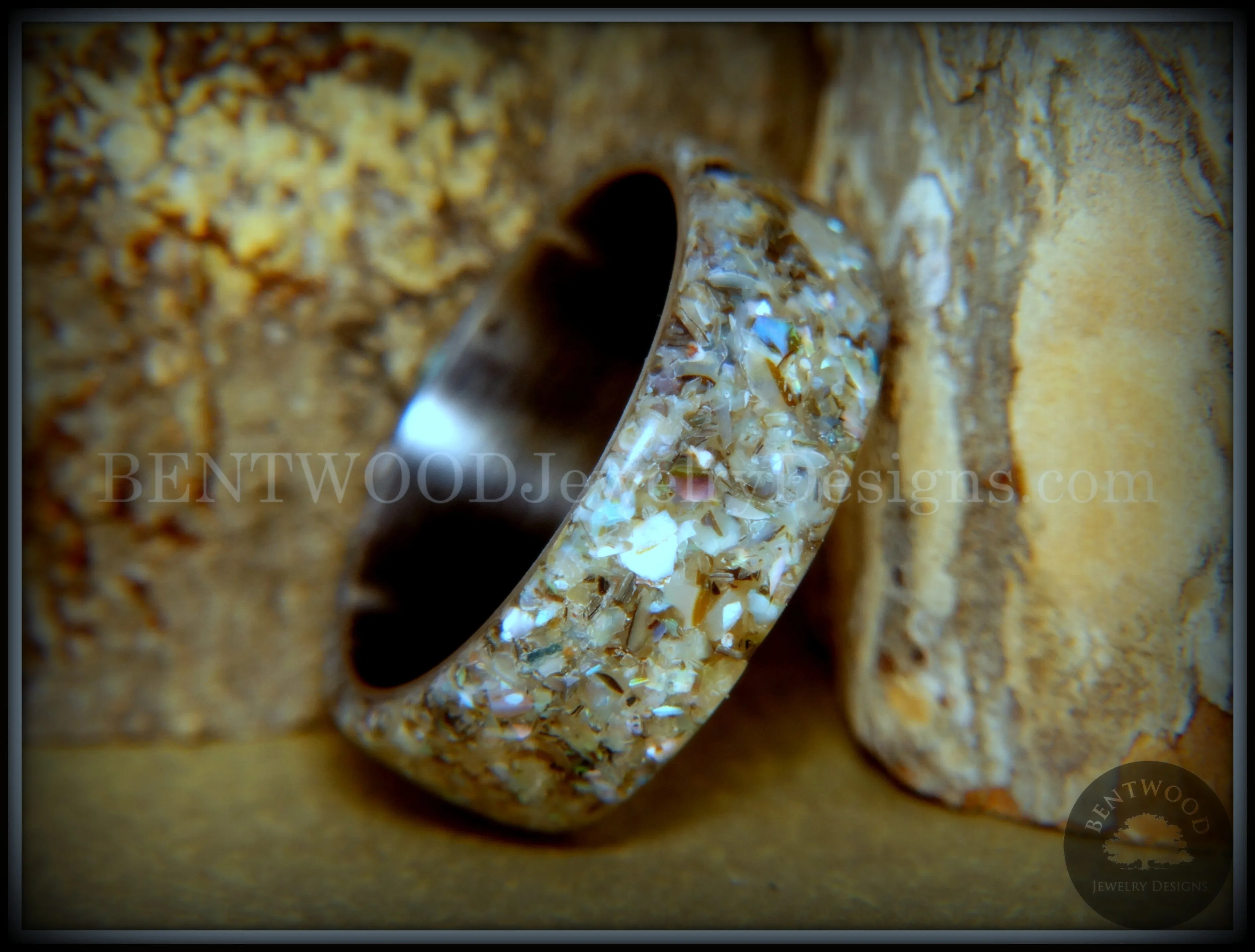 Bentwood Ring - "Abalone" Paua Abolone Shell on Surgical Grade "Onyx Black" Stainless Steel Comfort Fit Core