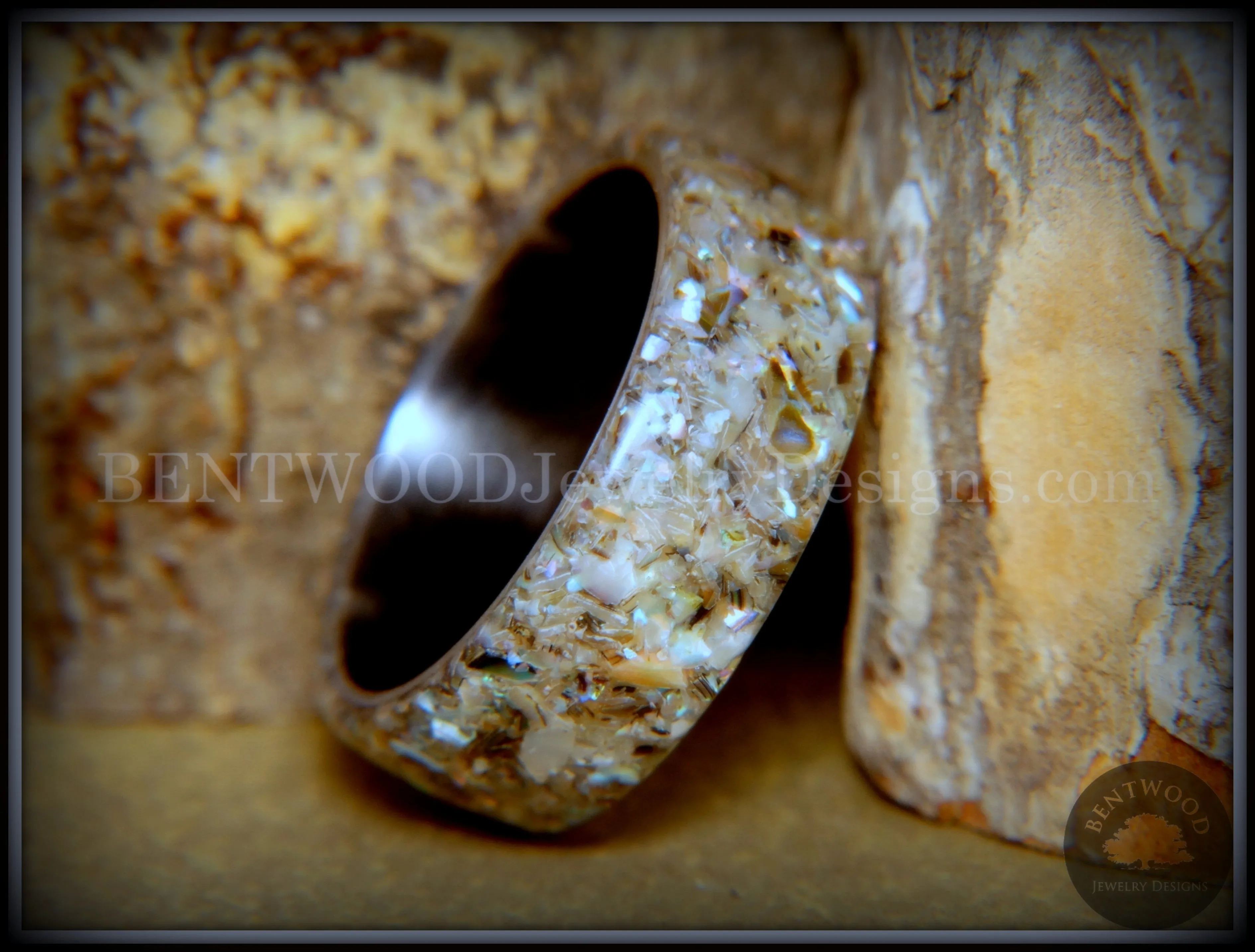 Bentwood Ring - "Abalone" Paua Abolone Shell on Surgical Grade "Onyx Black" Stainless Steel Comfort Fit Core