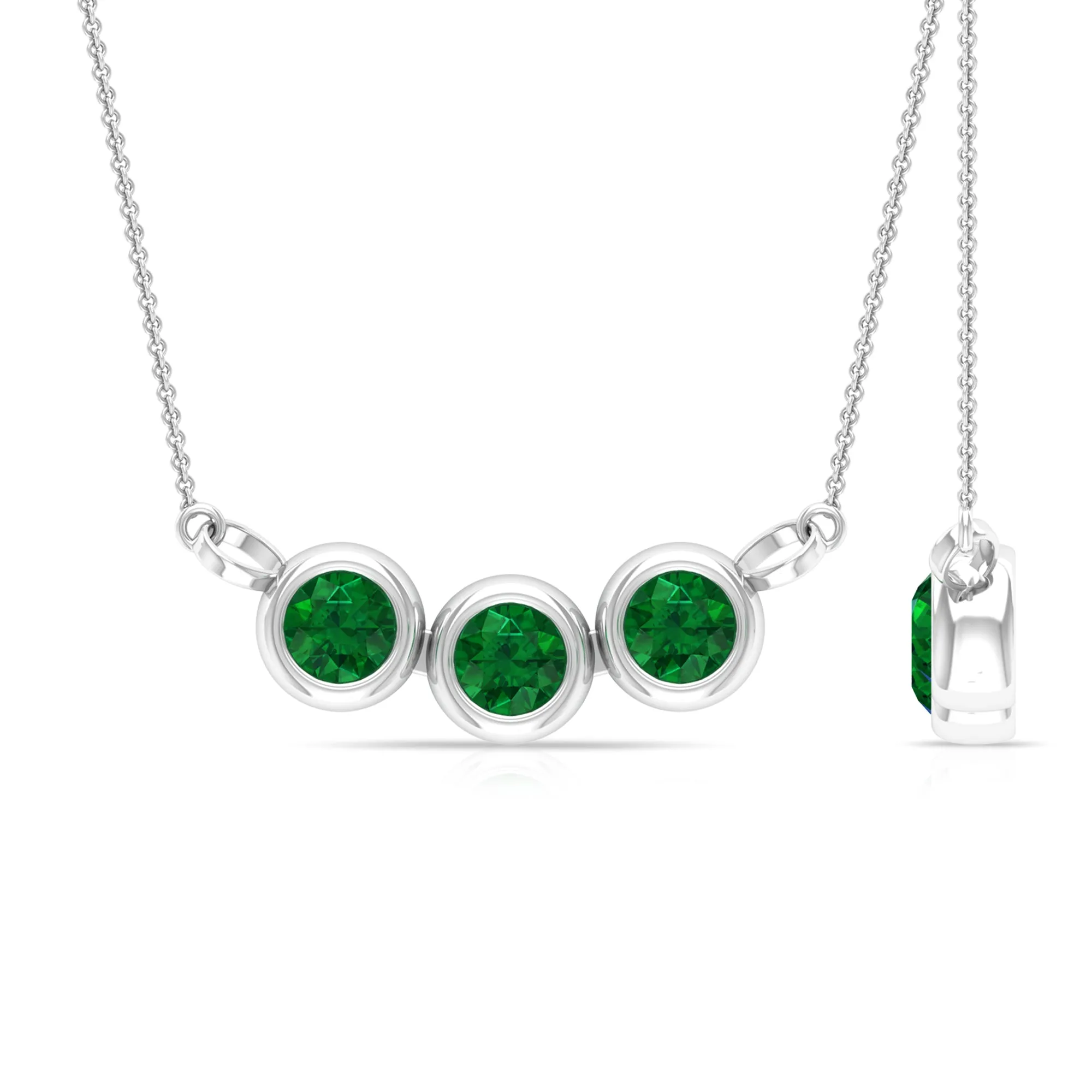 Bezel Set Emerald Three Stone Necklace