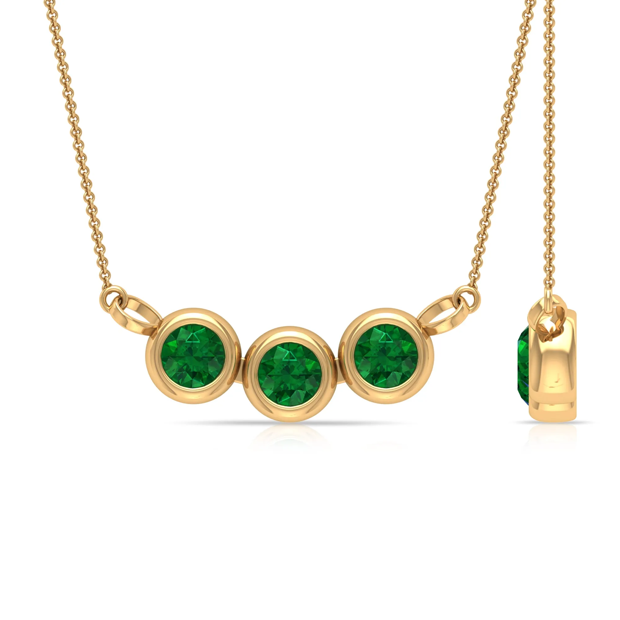 Bezel Set Emerald Three Stone Necklace