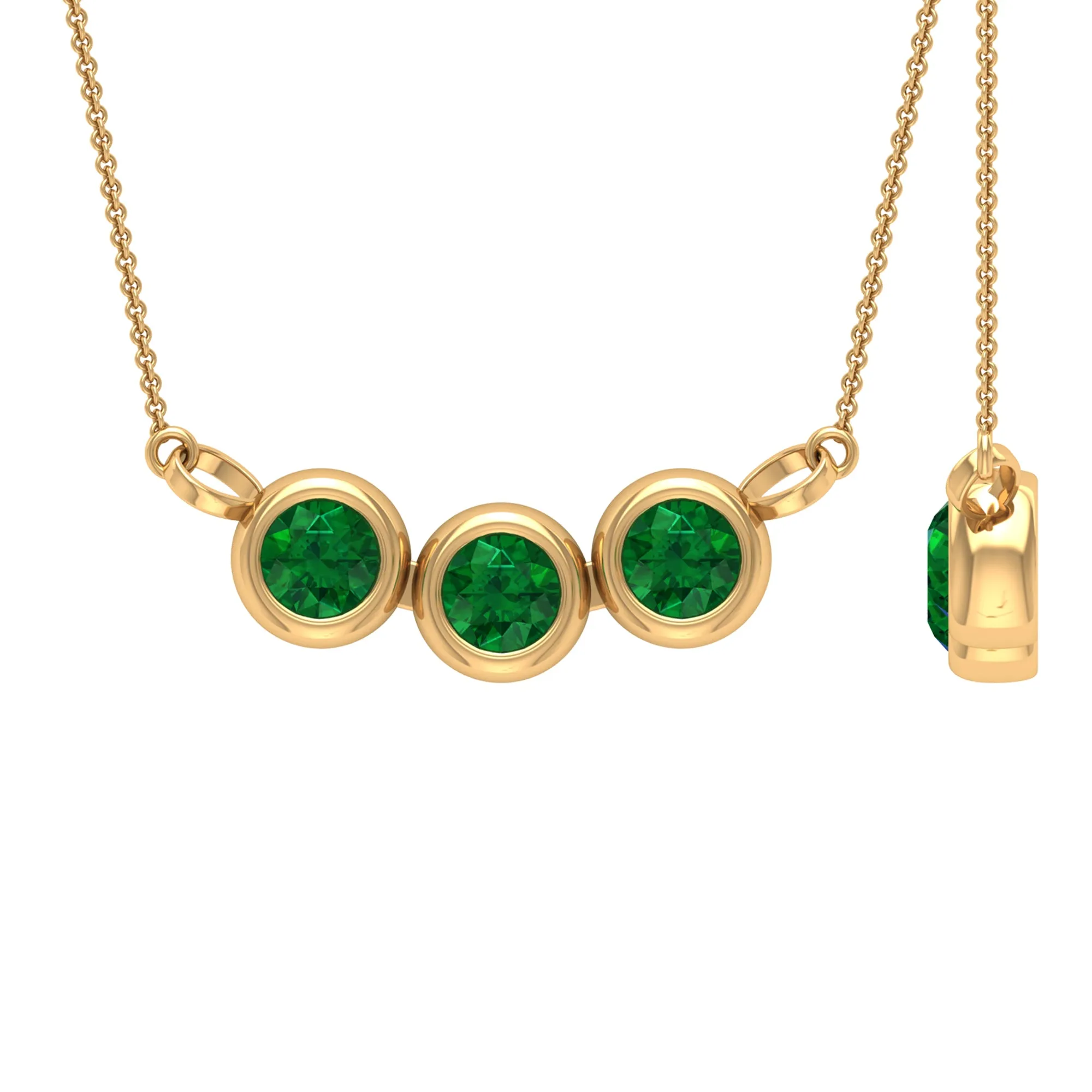 Bezel Set Emerald Three Stone Necklace