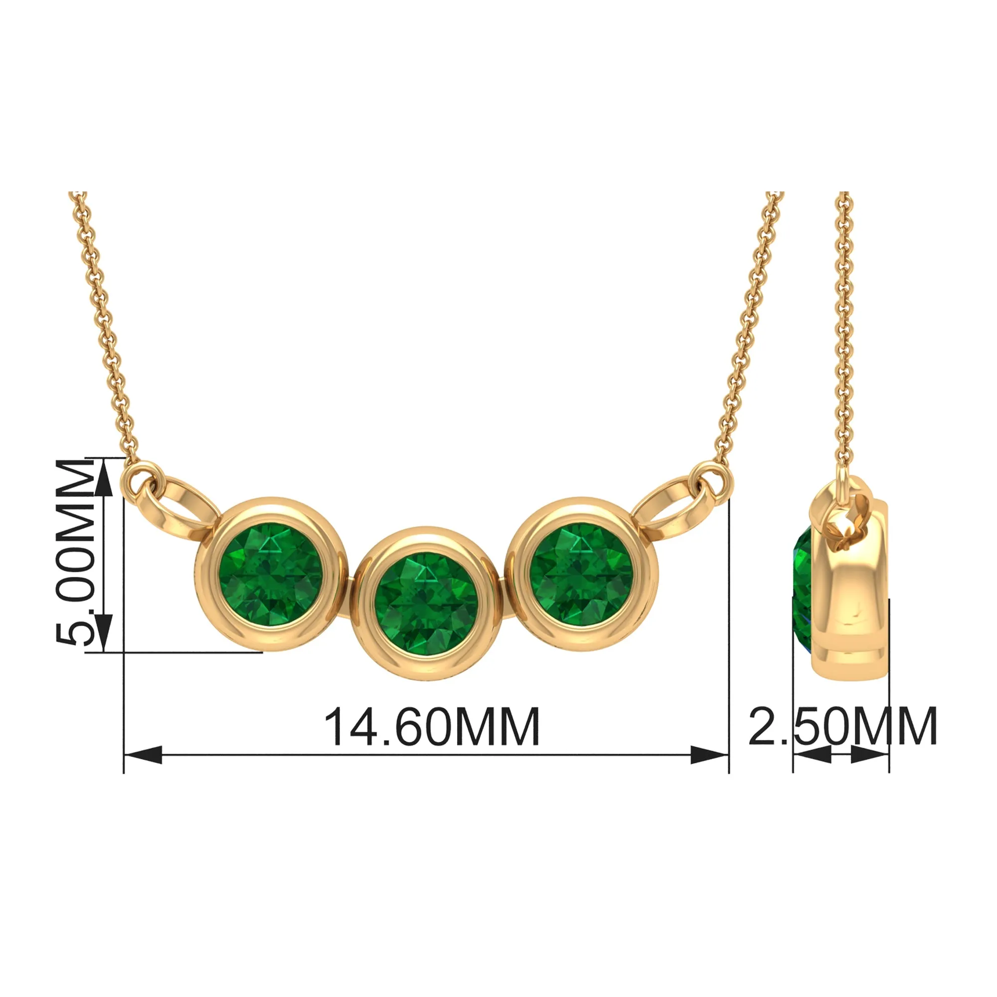 Bezel Set Emerald Three Stone Necklace