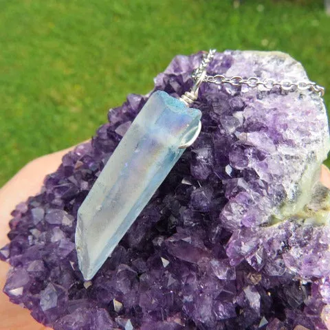 Blue Aura Quartz Necklace | Blue Rainbow Crystal Point Pendant