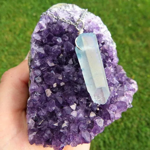 Blue Aura Quartz Necklace | Blue Rainbow Crystal Point Pendant