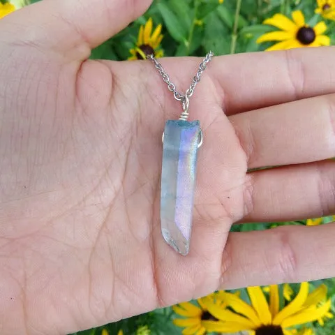Blue Aura Quartz Necklace | Blue Rainbow Crystal Point Pendant
