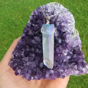 Blue Aura Quartz Necklace | Blue Rainbow Crystal Point Pendant