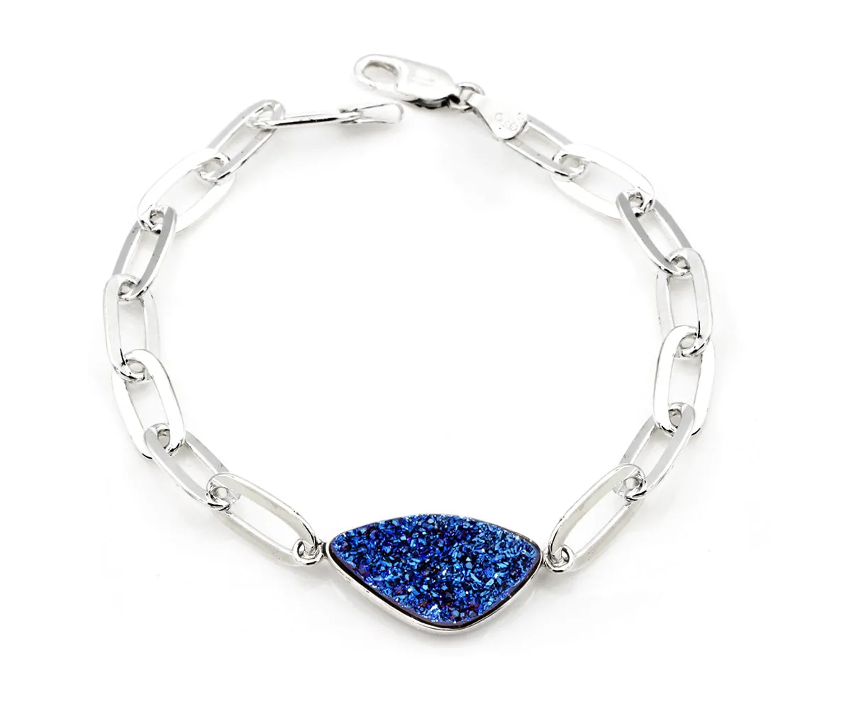 Blue Druzy Long Link Sterling Silver Bracelet