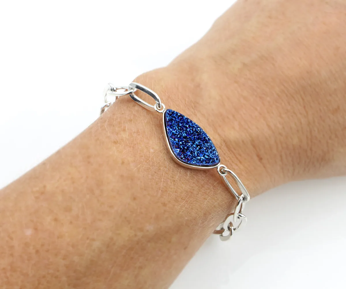 Blue Druzy Long Link Sterling Silver Bracelet