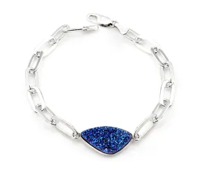 Blue Druzy Long Link Sterling Silver Bracelet
