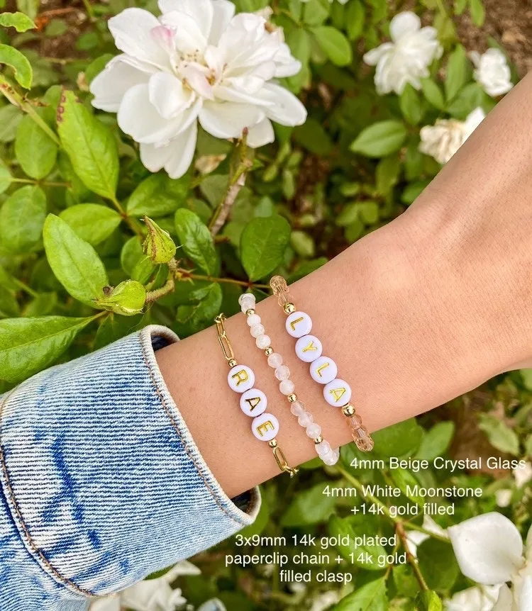 Bracelet Set, Stacking Bracelets, Paperclip Chain Bracelet, Moonstone Bracelet, Crystal Bracelet, Name Bracelet, Personalized Bracelet