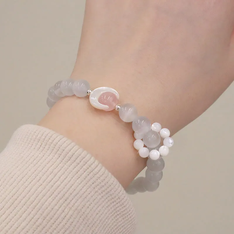 Buddha Stones 925 Sterling Silver Natural Amethyst Aquamarine Pink Crystal Cat's Eye Healing Crescent Moon Bracelet