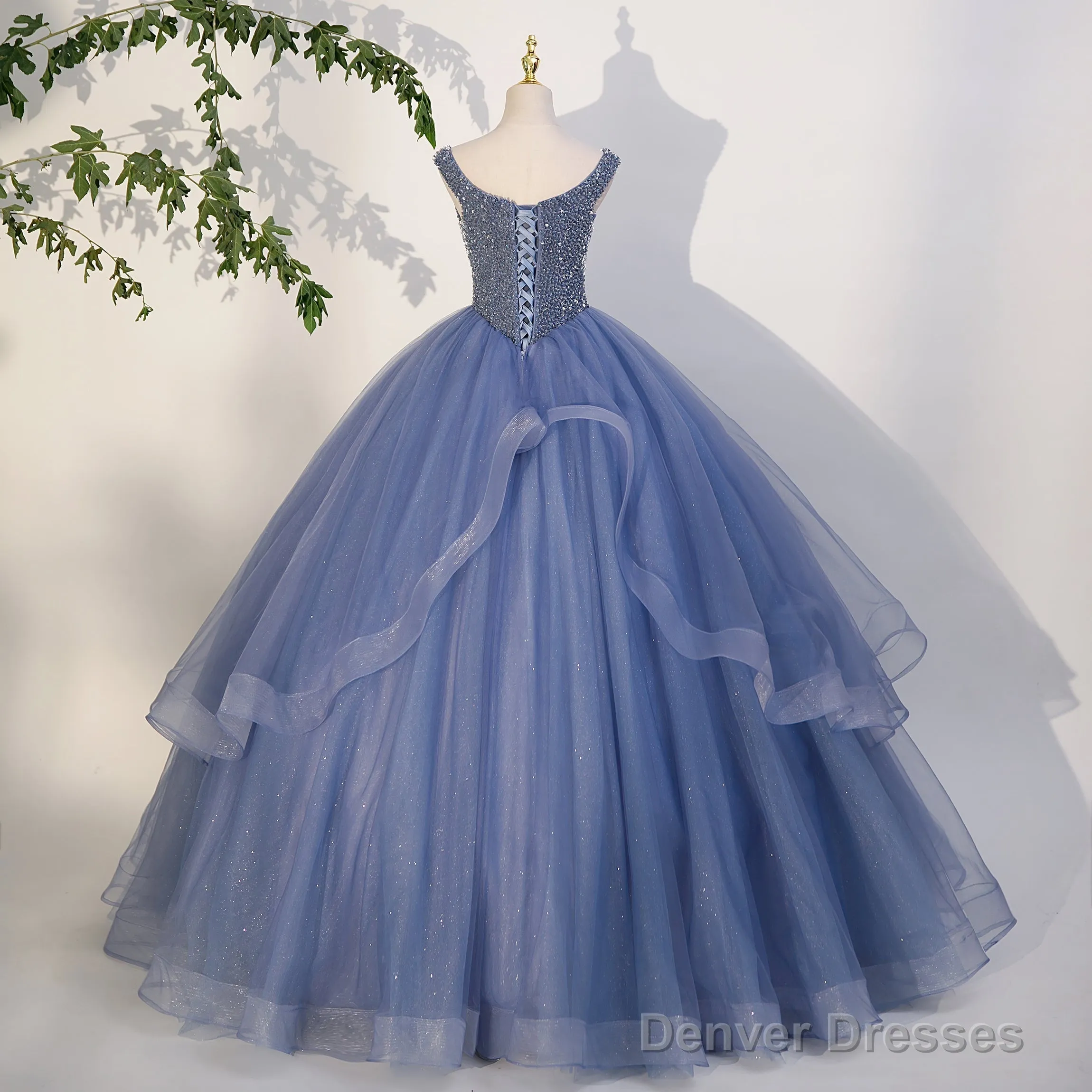 Charming Beaded Tulle Ball Gown Sweet 16 Gown, Blue Long Formal Dresses