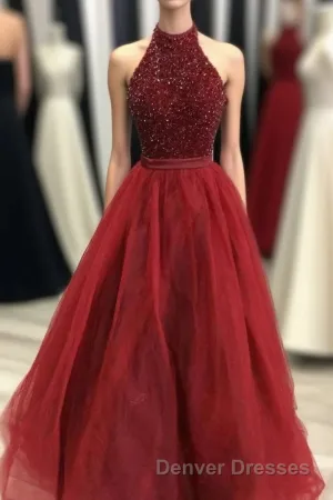 Charming Beading Long Red Halter Prom Dresses