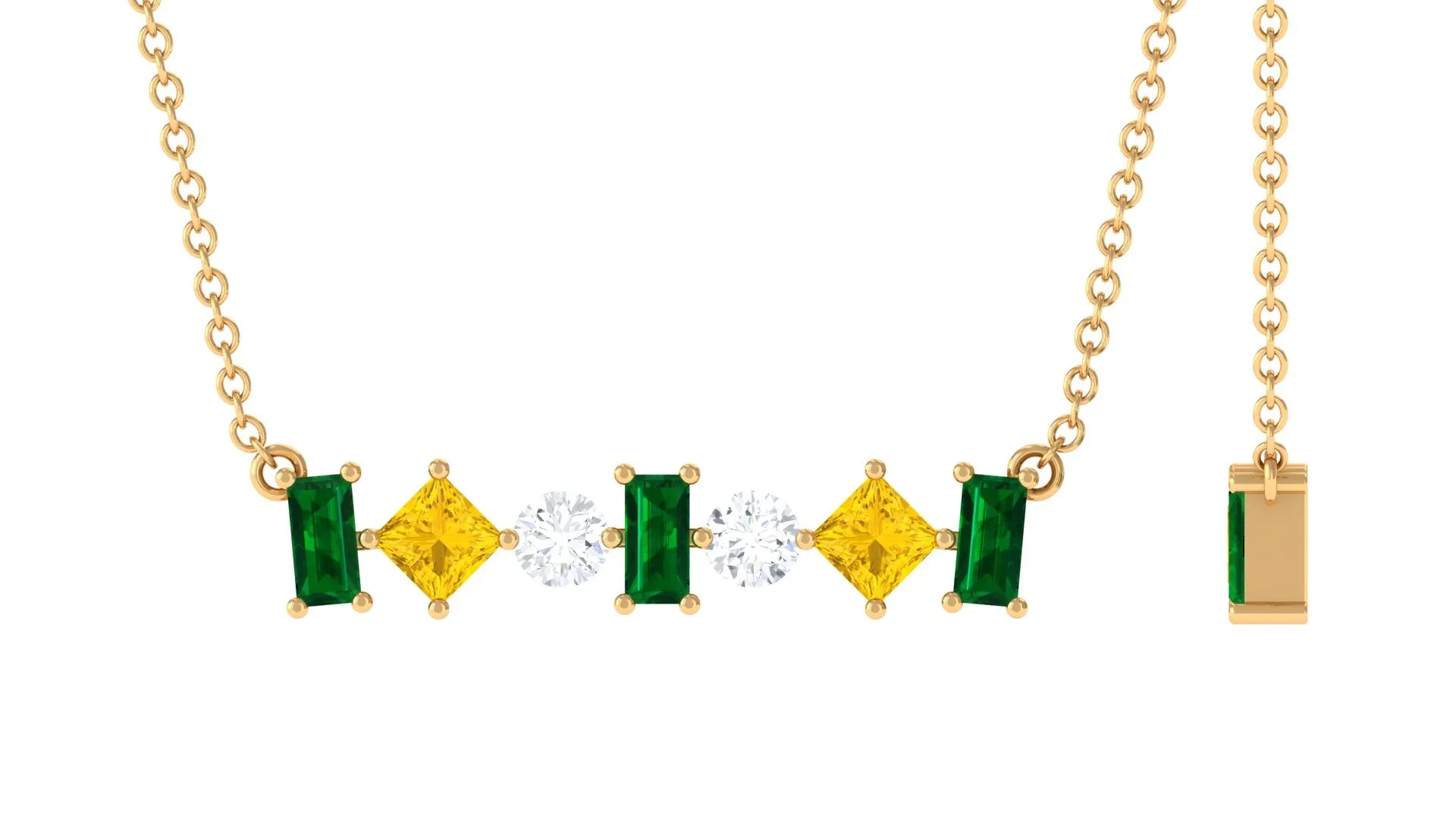 Classic Emerald and Yellow Sapphire Bar Necklace with Moissanite in Gold