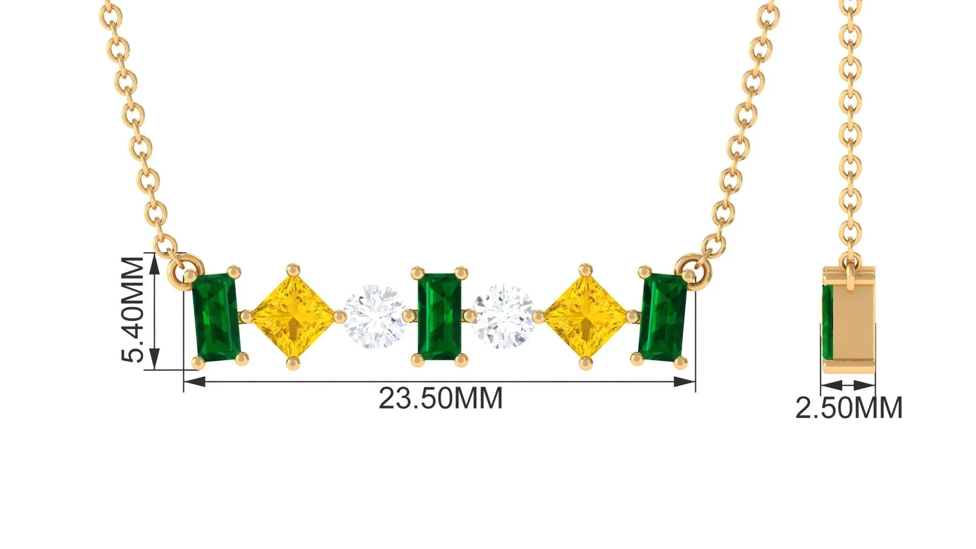 Classic Emerald and Yellow Sapphire Bar Necklace with Moissanite in Gold