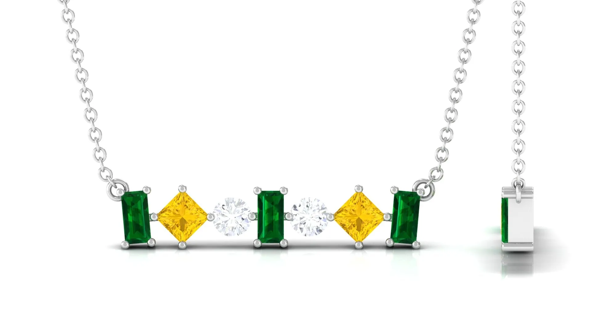 Classic Emerald and Yellow Sapphire Bar Necklace with Moissanite in Gold