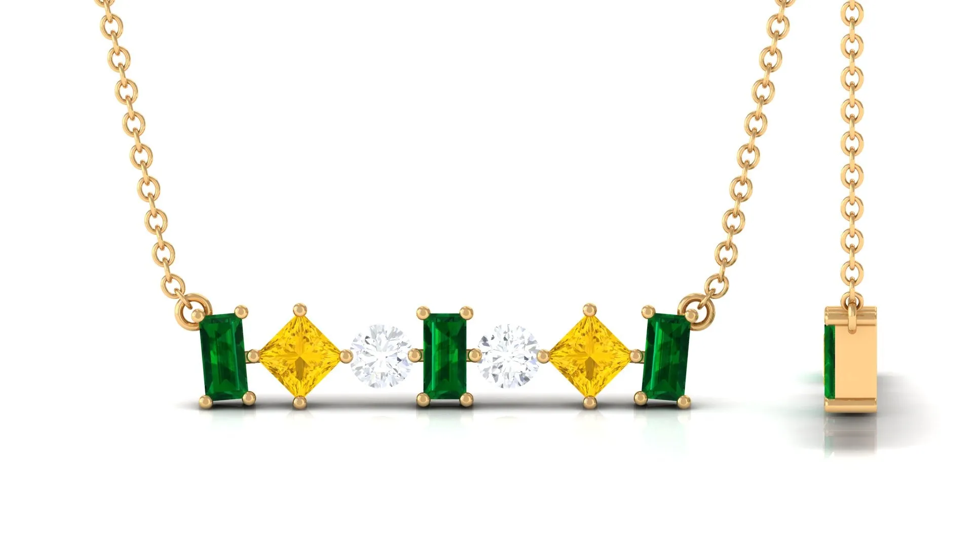 Classic Emerald and Yellow Sapphire Bar Necklace with Moissanite in Gold
