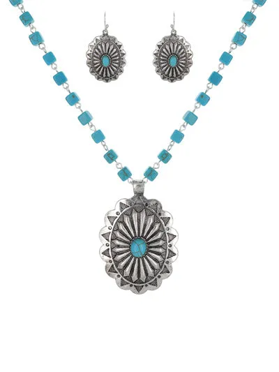 Concho Fashion Western Turquoise Semi Stone Necklace Set, Concho Turquoise Womens Necklace Set