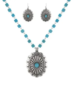 Concho Fashion Western Turquoise Semi Stone Necklace Set, Concho Turquoise Womens Necklace Set