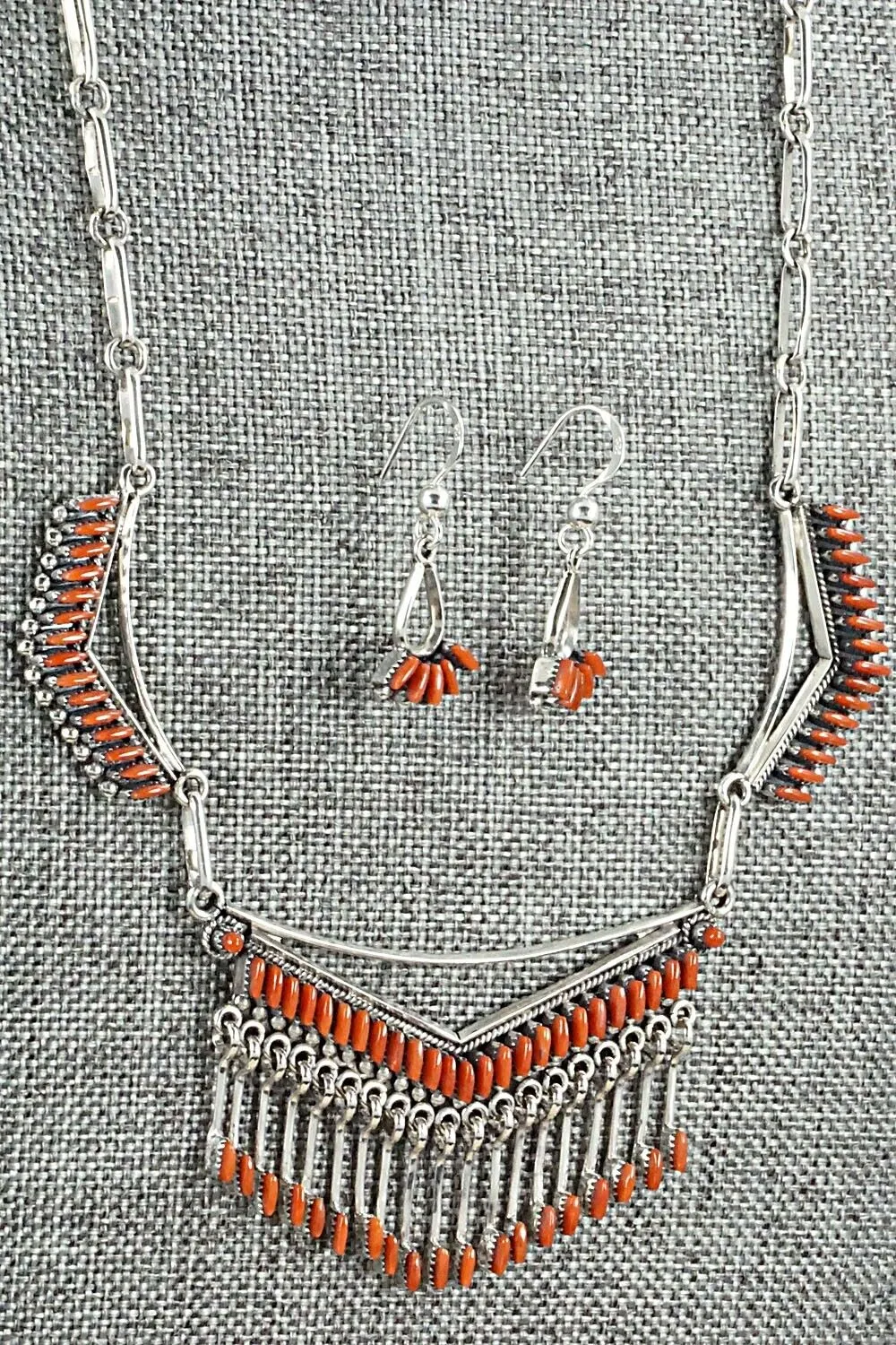 Coral & Sterling Silver Necklace and Earrings Set - Mildred Ukestine