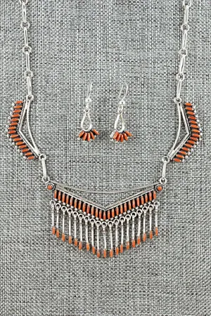 Coral & Sterling Silver Necklace and Earrings Set - Mildred Ukestine