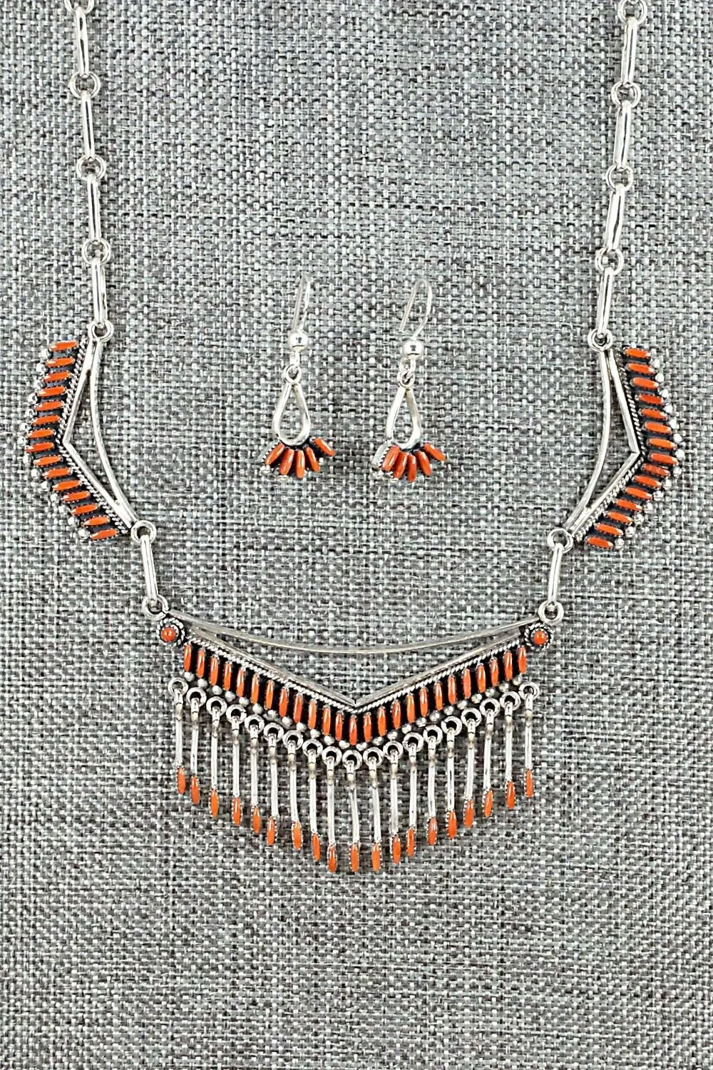Coral & Sterling Silver Necklace and Earrings Set - Mildred Ukestine