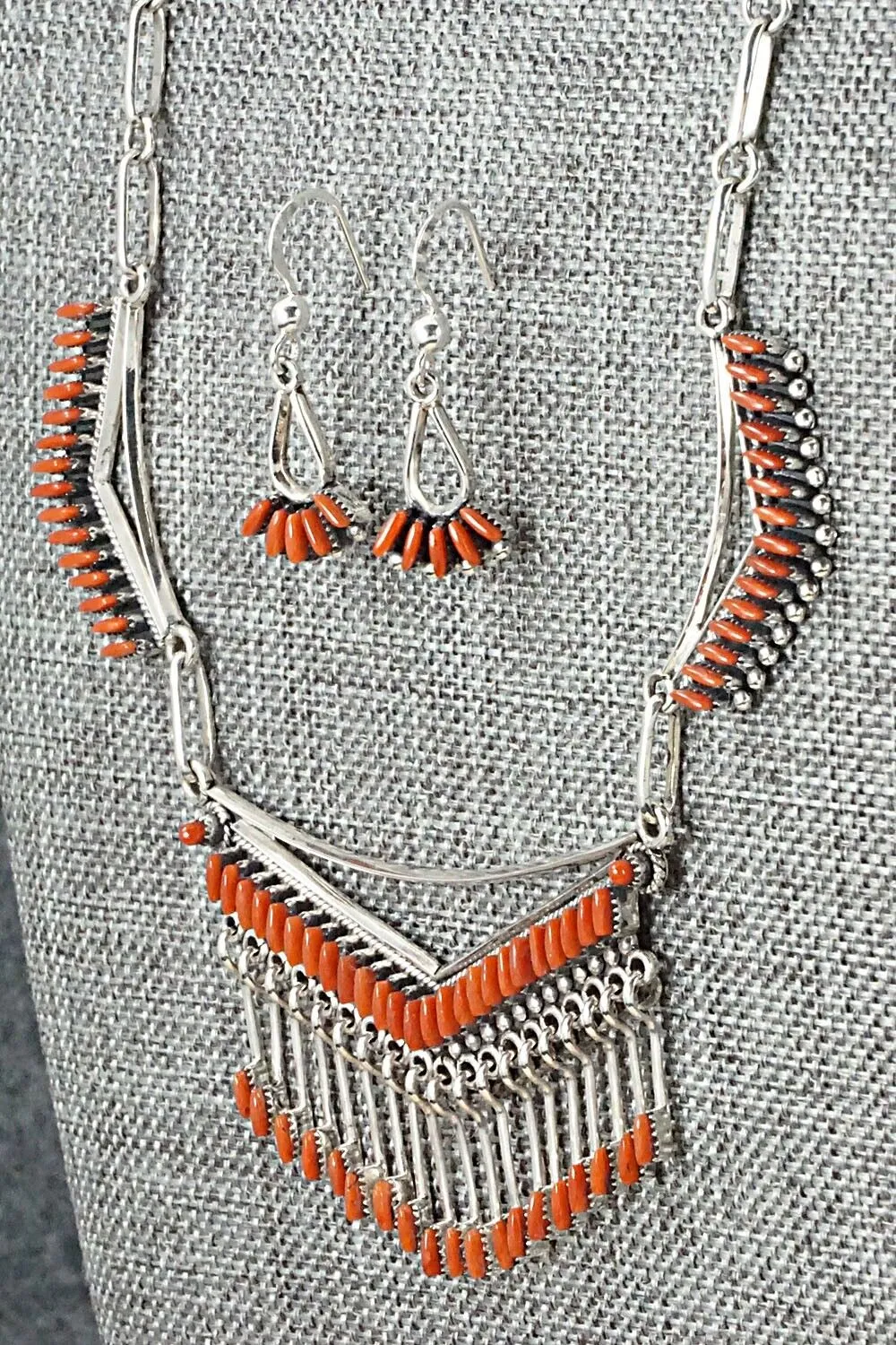 Coral & Sterling Silver Necklace and Earrings Set - Mildred Ukestine