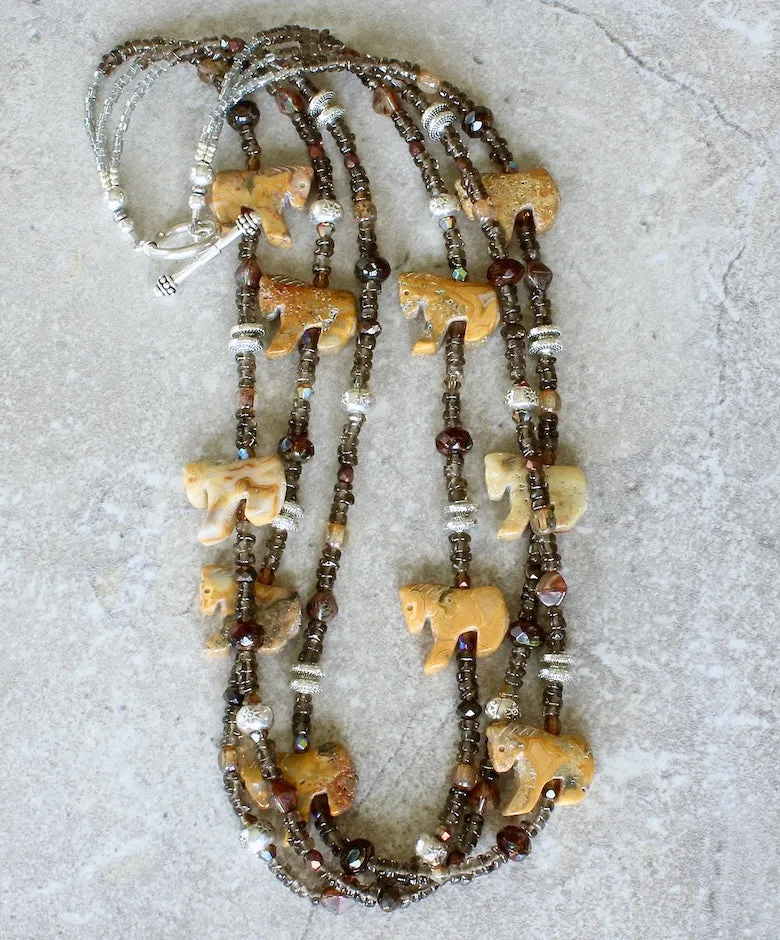 Crazy Lace Agate Horse Amulet Necklace with 3 Strands of Smoky Quartz Tyre Bead, Czech Glass and Sterling Silver