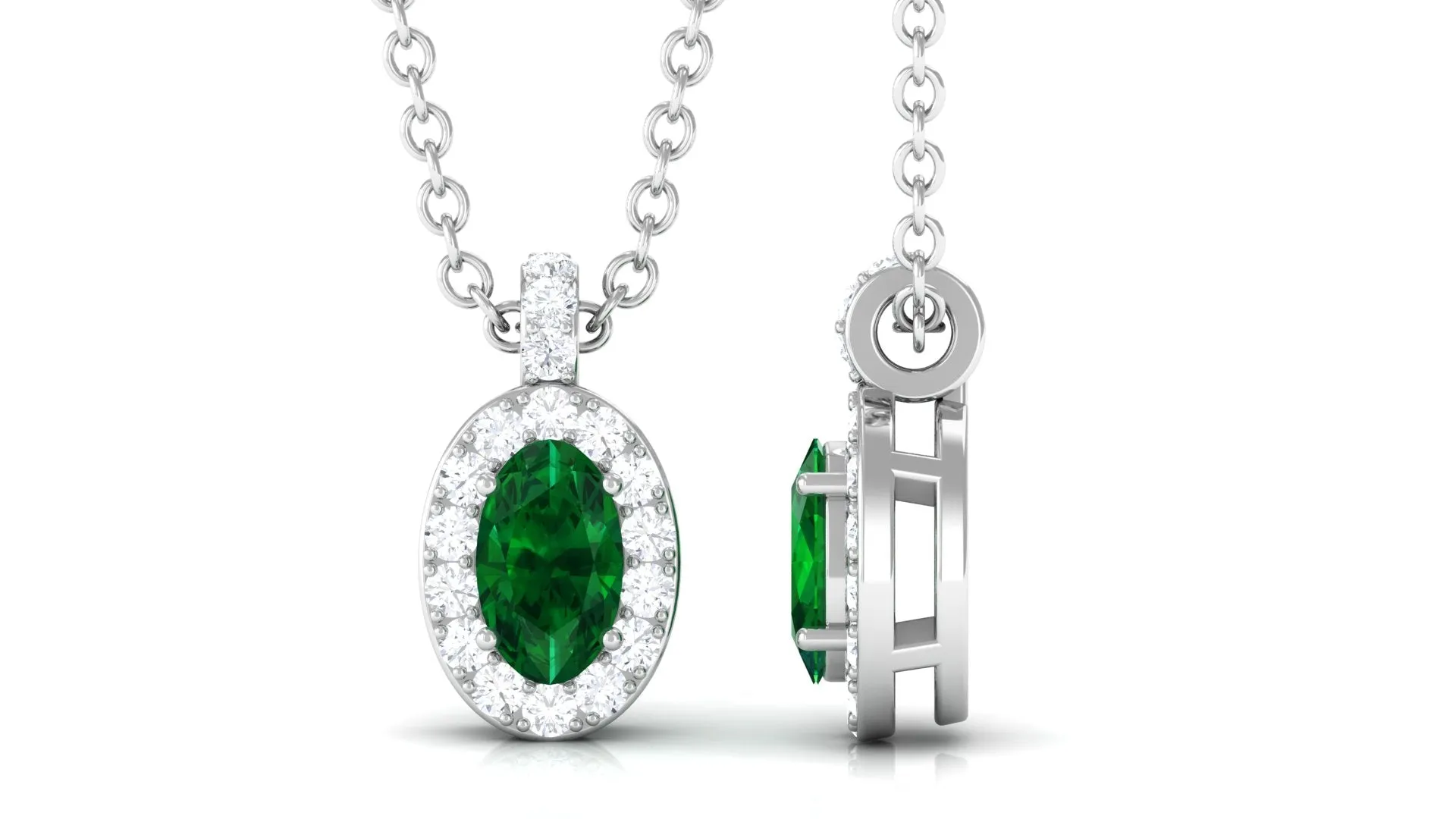 Created Emerald Oval Pendant Necklace with Diamond