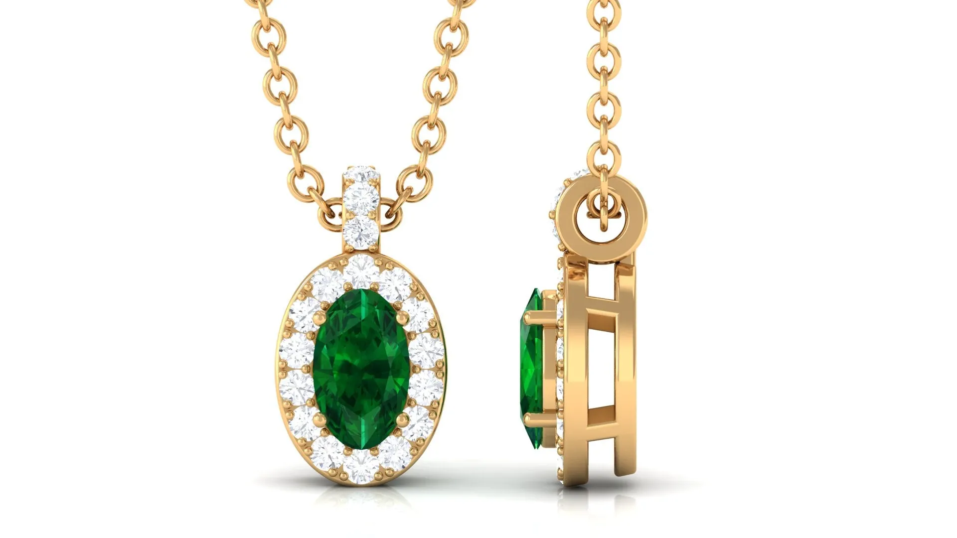 Created Emerald Oval Pendant Necklace with Diamond