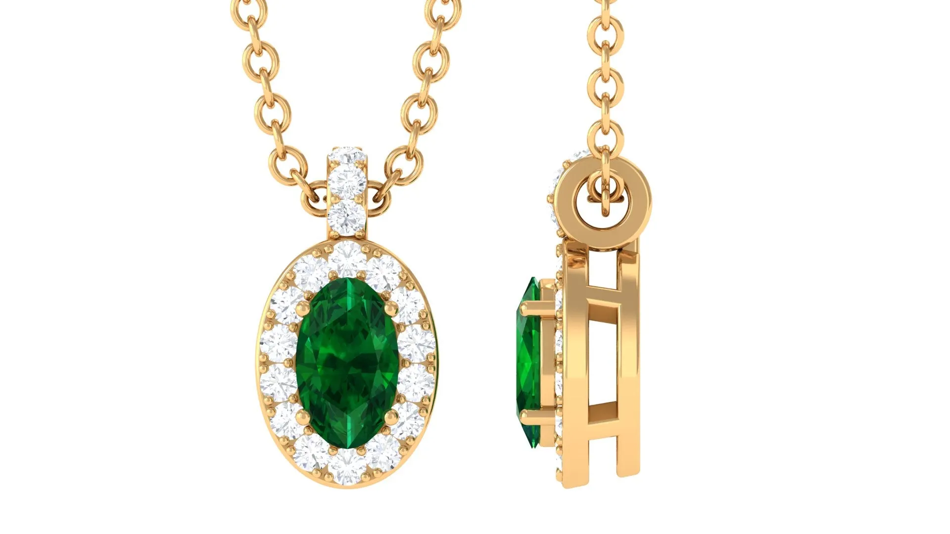Created Emerald Oval Pendant Necklace with Diamond