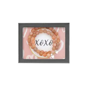 DEE BERKLEY- 'XOXO' 2 PIECE ADULT/CHILD MOONSTONE BEAD BRACELET SET.
