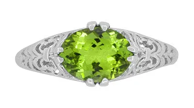 East to West Oval Peridot Filigree Edwardian Engagement Ring in 14 Karat White Gold