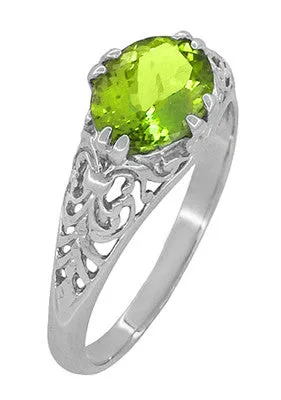 East to West Oval Peridot Filigree Edwardian Engagement Ring in 14 Karat White Gold