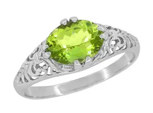 East to West Oval Peridot Filigree Edwardian Engagement Ring in 14 Karat White Gold