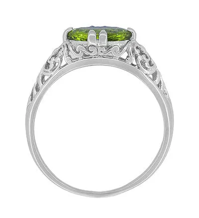 East to West Oval Peridot Filigree Edwardian Engagement Ring in 14 Karat White Gold
