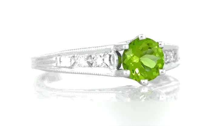 Filigree Peridot and Diamond Art Deco Engagement Ring in 14 Karat White Gold