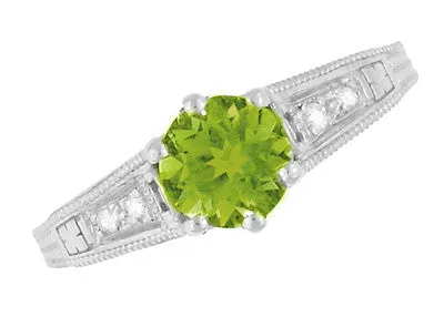 Filigree Peridot and Diamond Art Deco Engagement Ring in 14 Karat White Gold