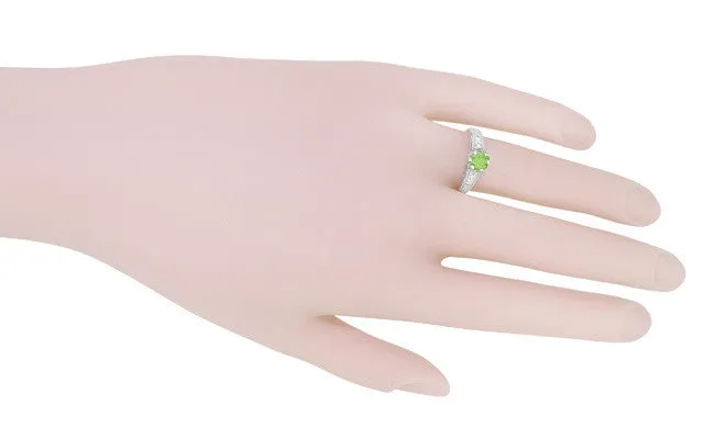 Filigree Peridot and Diamond Art Deco Engagement Ring in 14 Karat White Gold